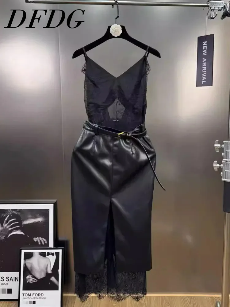 DFDG Damen Frühlingskleid aus schwarzer Spitze, Cami-Leder, Gürtel, hohe Taille, geteilter Saum, elegante Party, Clubwear, 2025, trendiges, feminines Kleid
