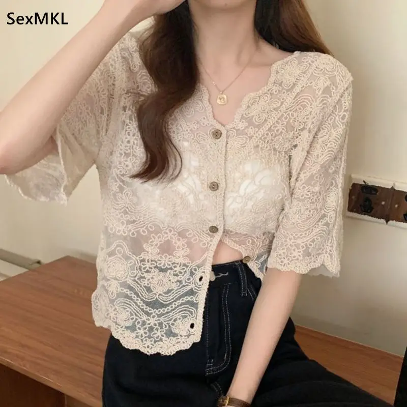 

See Through Hollow Out Lace Shirts Women Summer Casual White Blusas Korean Fashion Y2k Clothes Sexy Ladies Crop Tops and Blouses