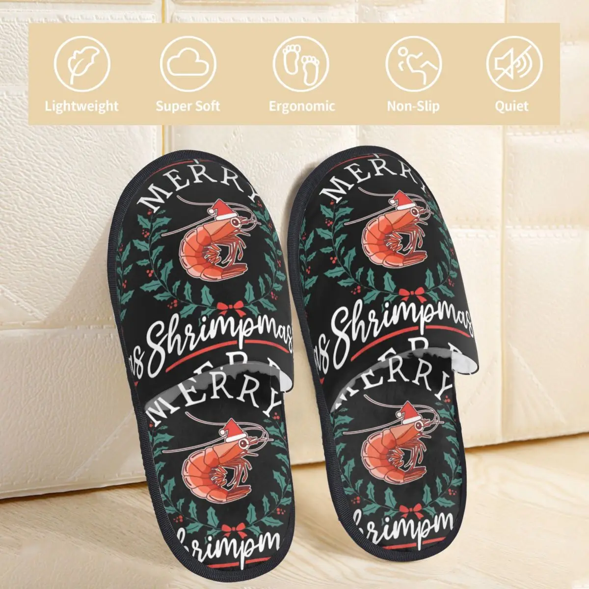 Shrimp Seafood Shellfish Merry Shrimpmas Christmas Furry Slippers Anti-skid Cozy Household Fur Slippers Slides Indoor