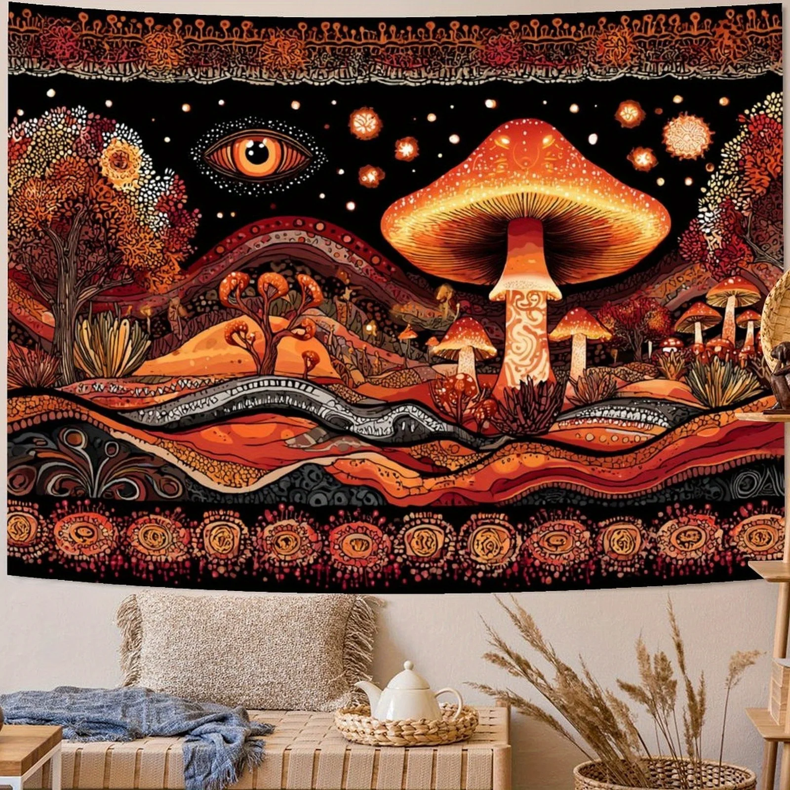 Psychedelic Mushroom Forest Tapestry Boho Bohemian Cosmic Wall Hanging Decor Art Wall Decor Poster Large Room Ornament