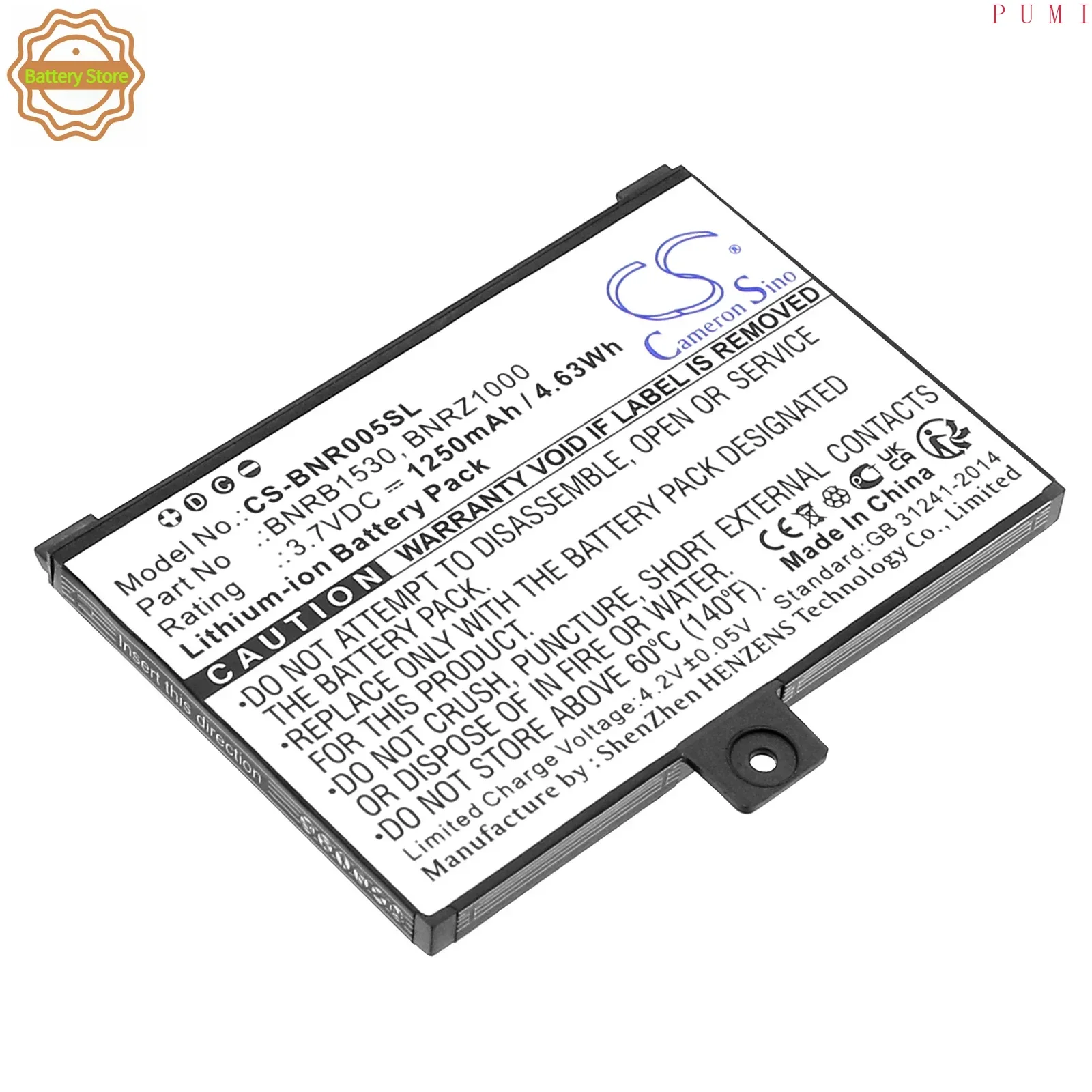 CS Replacement Battery for Barnes & Noble 005,nook,BNRZ100,NOOK Classic,BNRV100 PN:BNRB1530,9BS11GTFF10B3,98 1250mAh / 4.63Wh