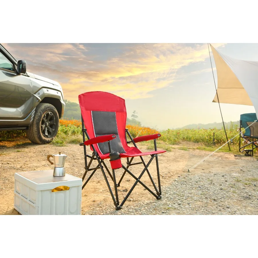 

High Back Heavy Duty Lawn Chair Support 250LBS Portable Collapsible Chair with Cup Holder Red