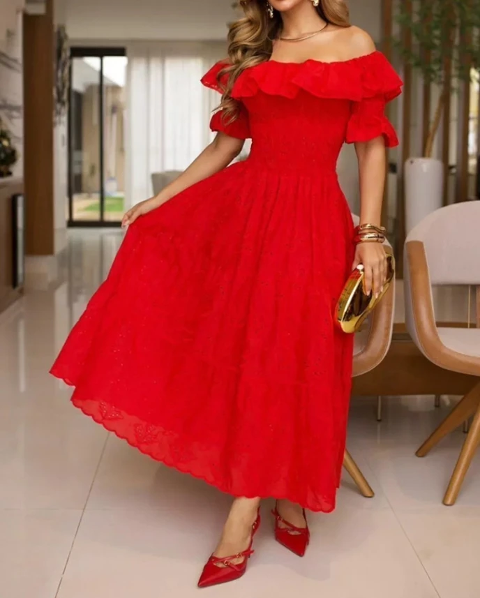 Off the Shoulder Lace Hollow-out Frill Hem Shirred Slim Fit Long Dress Elegant Dress