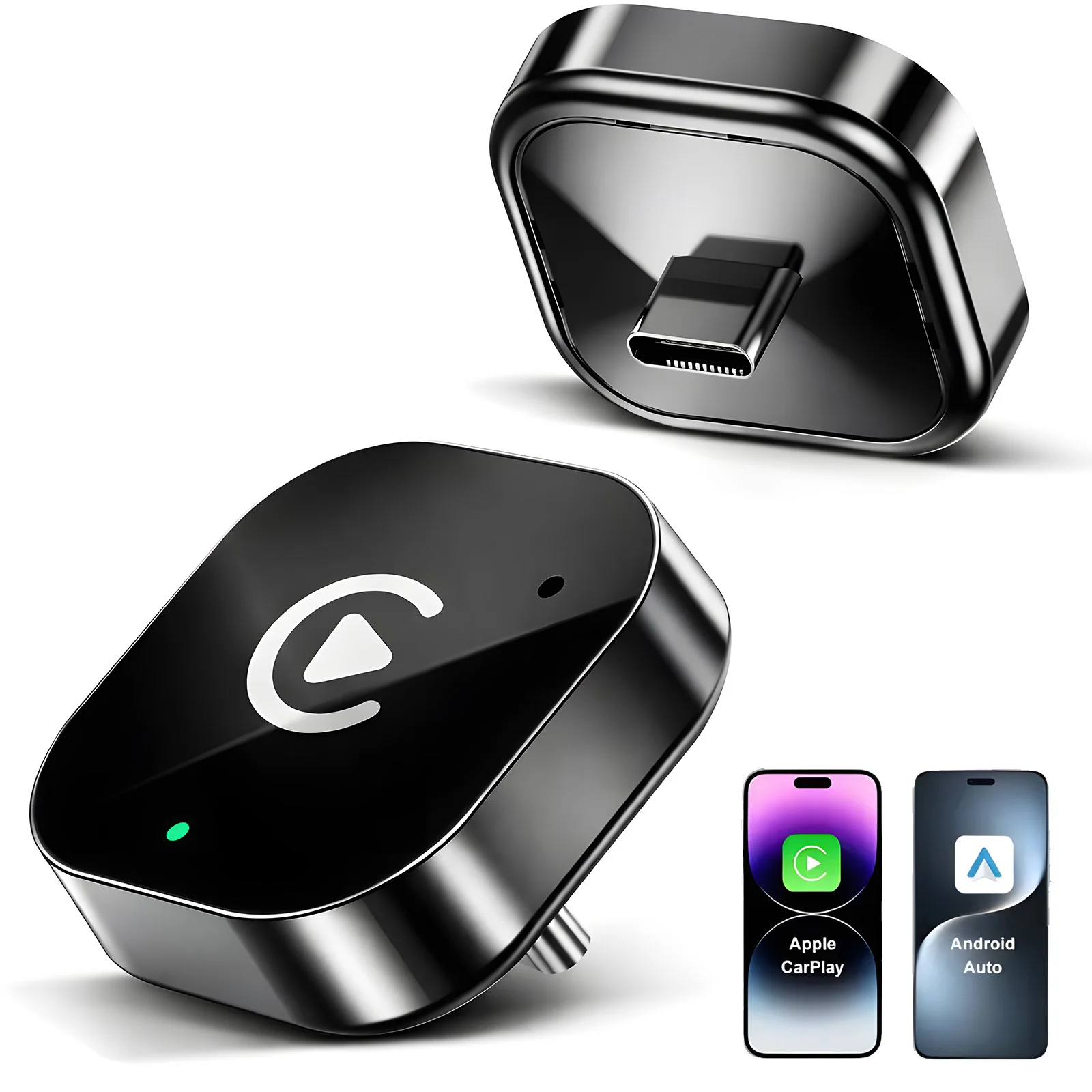 USB C Upgraded 2-in-1 Wireless CarPlay & Android Auto Adapter, Plug & Play Compatible with iPhone & Android Smartphones.