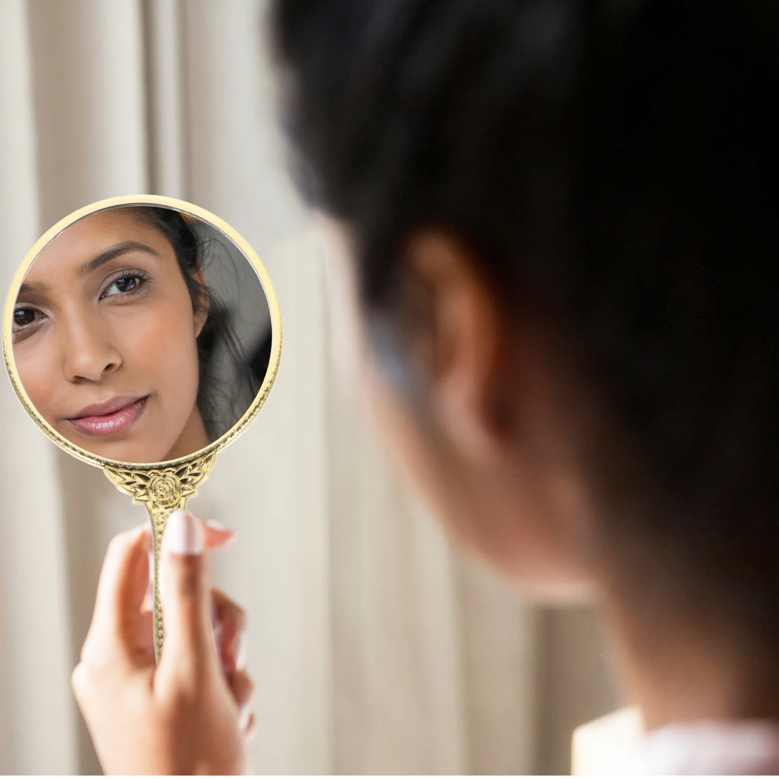 Vintage Handheld Mirror Embossed Flower: Hand Held Decorative Mirrors Mirror with Handle Travel Portable Golden