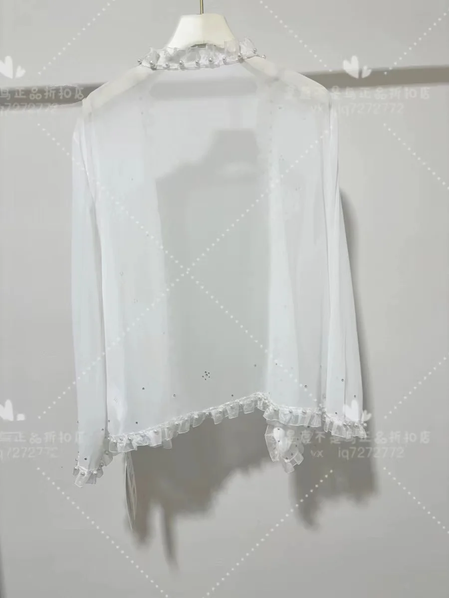 Luxury Beaded Tassel Chiffon Sunscreen Clothing Women Long Sleeve Ruffle Top Summer Air Conditioning Cover Up Casual Cardigan