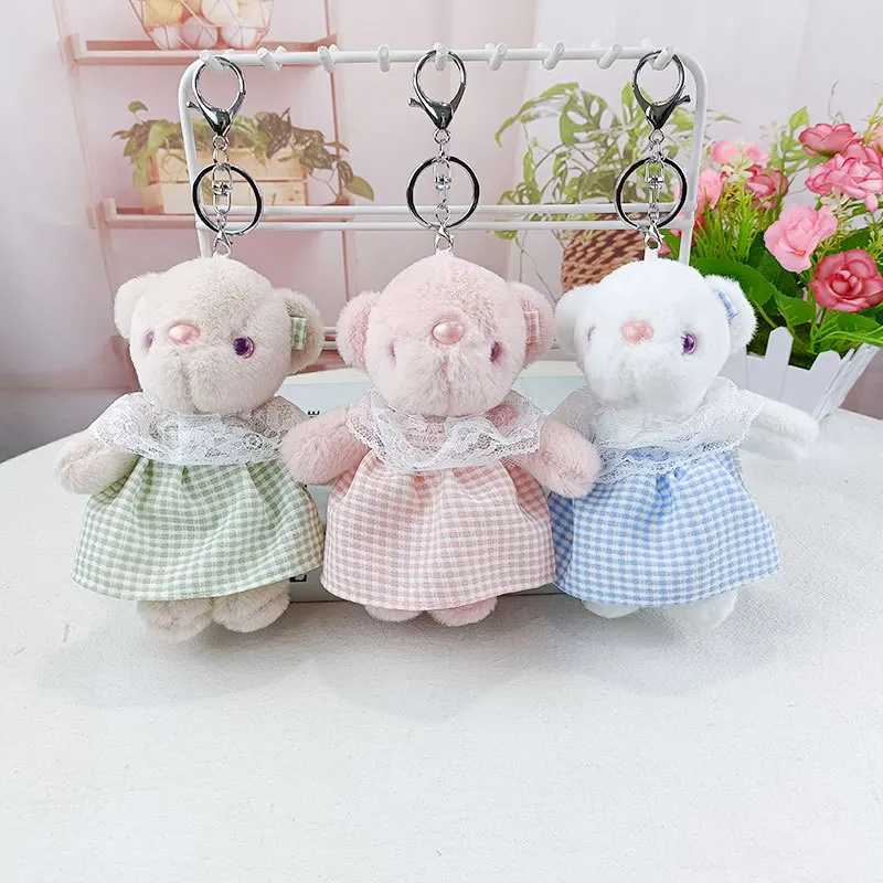 Porte-clés en peluche ours jupe à carreaux pour enfants, pendentif, beurre, doux, animal en peluche, jouets en peluche mignons de dessin animé, breloque pour sac, cadeau pour filles, 15cm