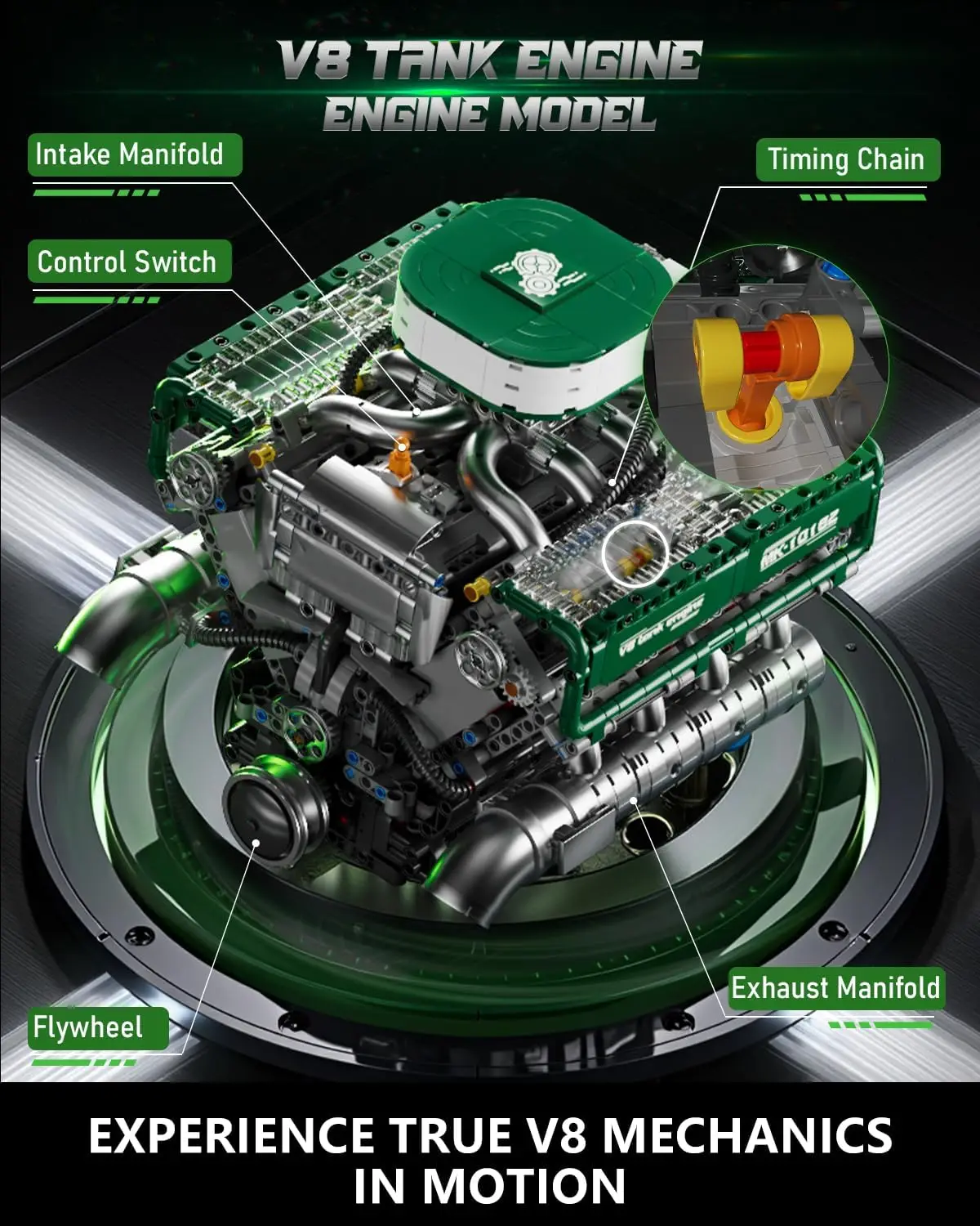 10182 V8 Engine Building Blocks Sets, MOC V8 Tank Engine Model Kit with Battery and Motor, Collectable 8-Cylinder Combustion Car