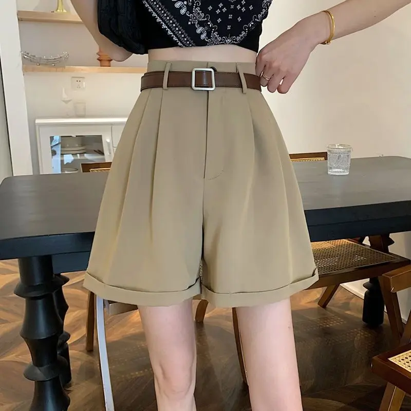 Casual pak shorts voor dames Koreaanse stijl zomer afslanken hoge taille wijde pijpen broek trendy kleding kort zwart kaki