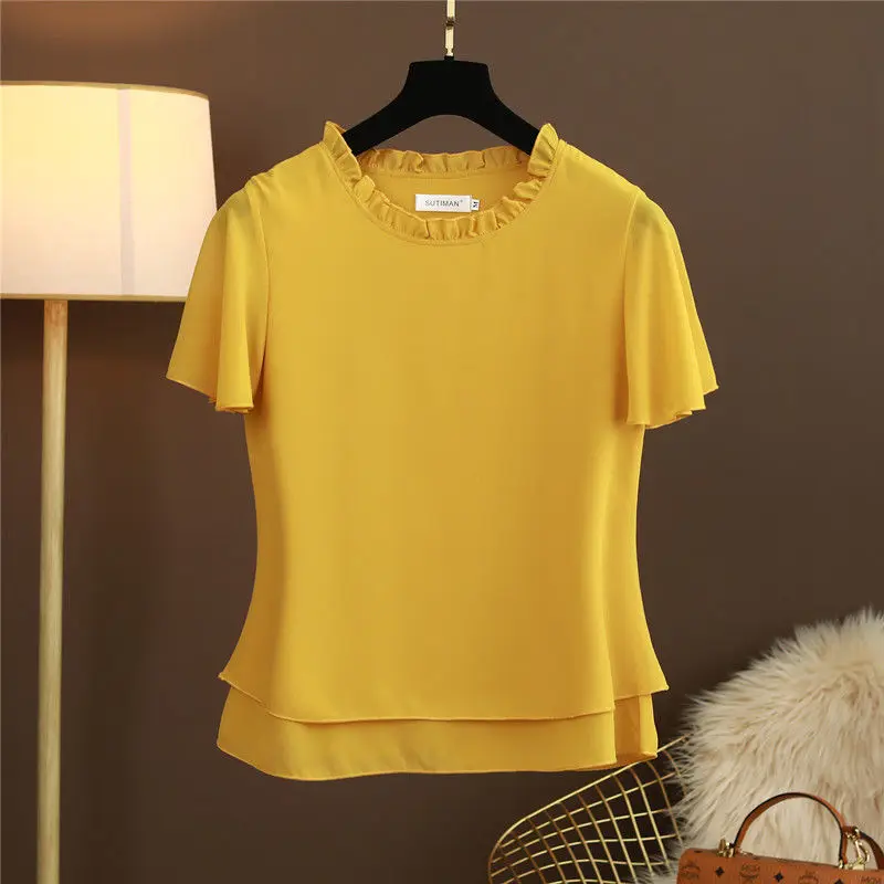 Solid Color Summer Casual Chiffon Ladies Tops Simplicity Short Sleeve All-match Pullovers Women\'s Clothing Irregular T-Shirts