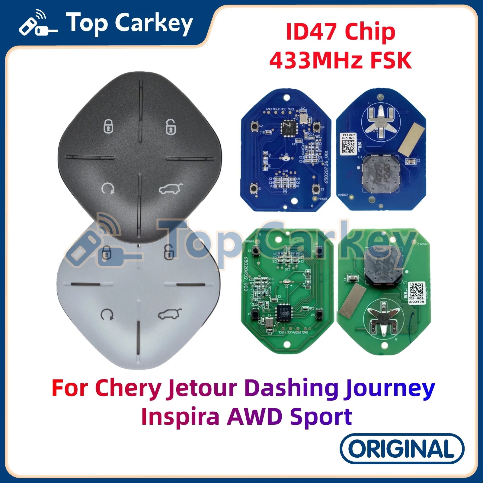TopCarkey Original Smart Remote Key ID47 Chip 433MHz for Chery Jetour Dashing Journey Inspira AWD Sport