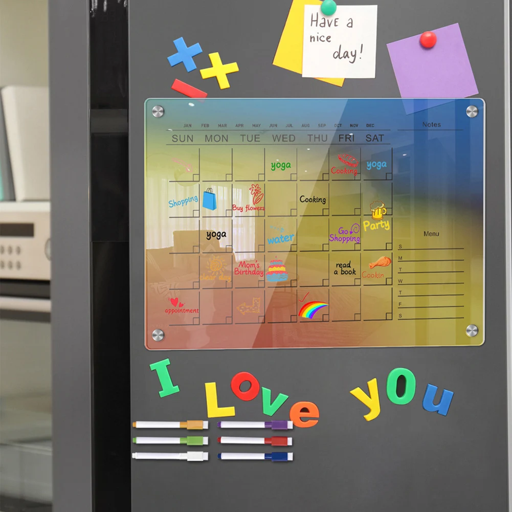 Fridge Weekly Calendar Acrylic Planner Board For Fridge Strong Magnetic Erasable Board Planner For Refrigerator With 6 Markers