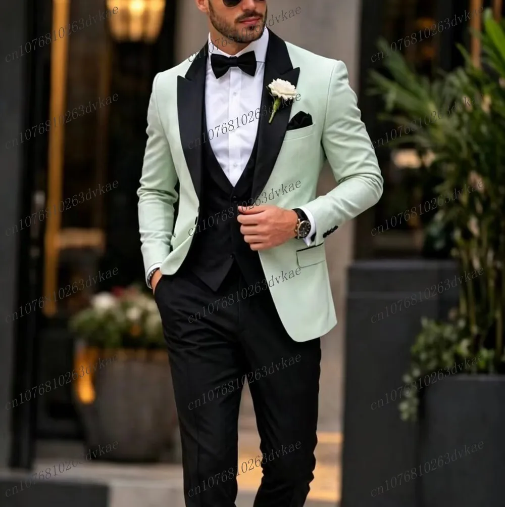 

Light Green And Black Men Suit Wedding Party Formal Groom Groomsman Prom Business Male Tuxedos 3 Piece Set Jacket Vest Pants