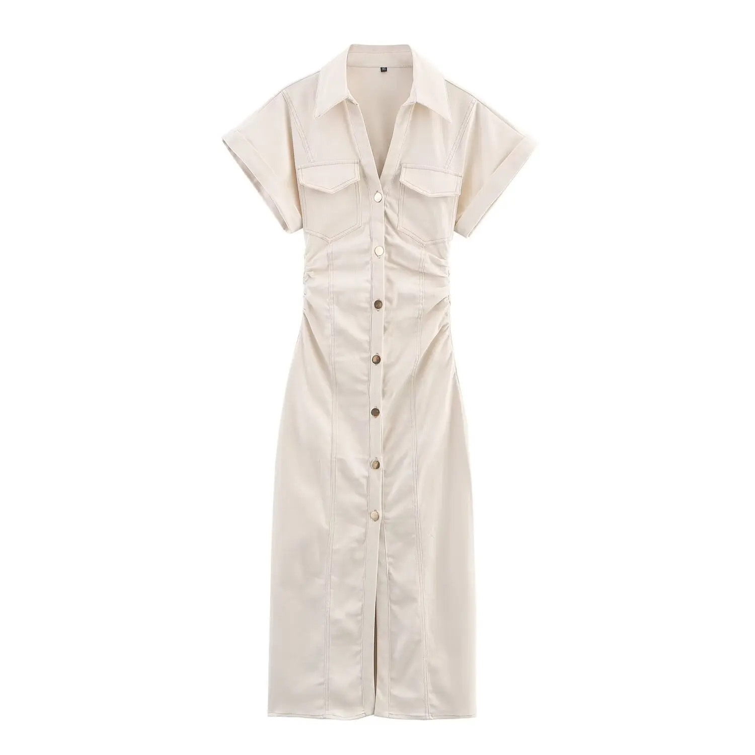 

Women's new fashion pleated design slim single breasted shirt style denim Midi dress retro short sleeved women's dress