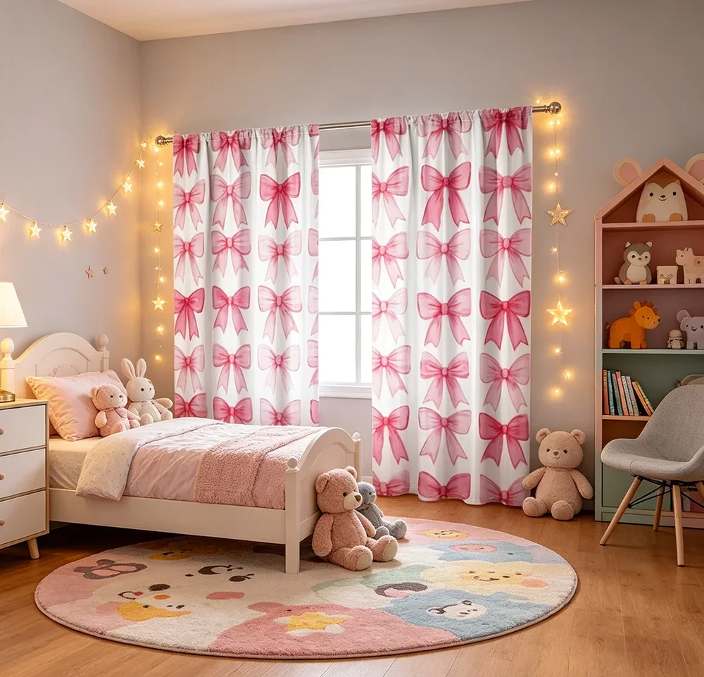 2PCS Digital Printed Curtains, Pink Double Bow Pattern, Sweet Girly Style for Living Room Bedroom Girls Room Apartment Decor