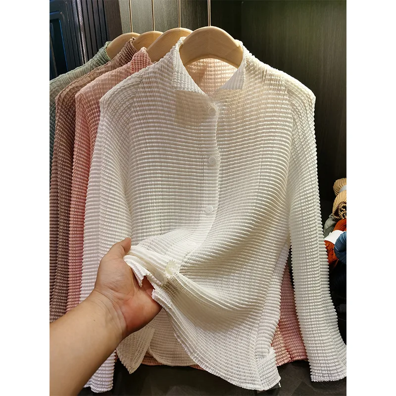 Miyake Folds New 2025 Japanese Corn Grain Shirt Female Fashion Thin Single-breasted Long-sleeved Cardigan with Sun Shirt