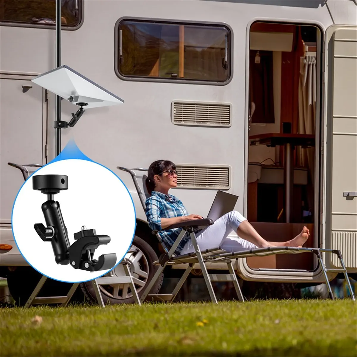 RV Ladder Pole Mount with Adjustable Angle Clamp, Universal Bracket for Mini for Roof Racks, RVs, Boats