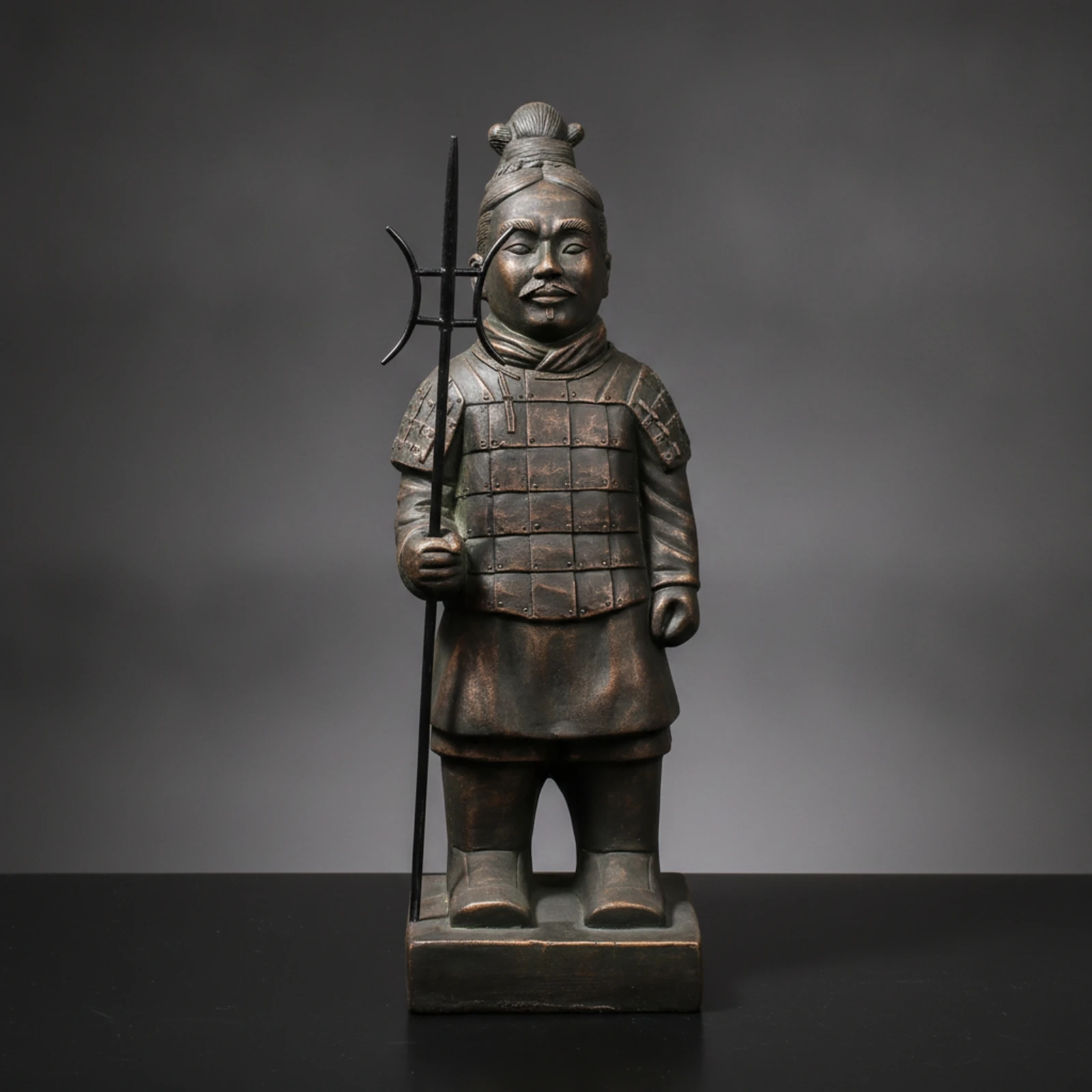 Terracotta Warrior Statue Bronze-Toned Terracotta Warrior Figurines Statue with Polearm Detailed Ancient Chinese Soldier Statues