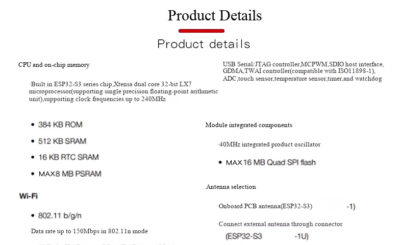 ESP32-S3-1 N16R8 Dual-Core WiFi & Bluetooth MCU-Modul für IoT Drahtlose Kommunikation – Detail 2