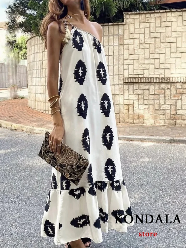 KONDALA Vintage Flower Print Loose Long Dress Women Fashion 2023 Summer Ruffles Cami Dress Elegant Holiday Mujer Vestidos