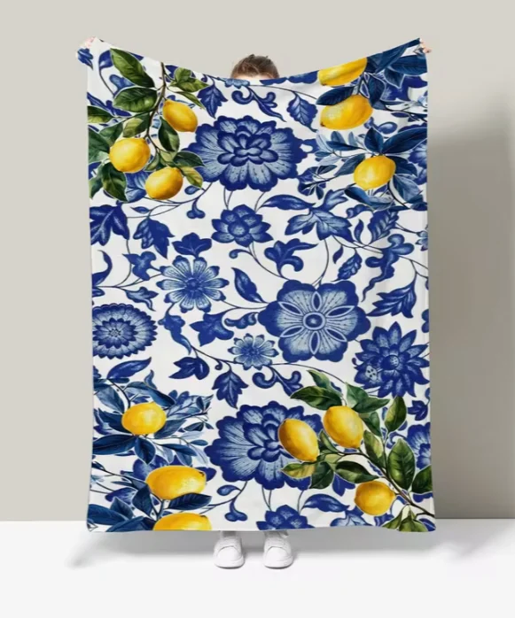 Introducing A Fresh Blue and White Lemon Floral Throw Blanket! This Blanket Is Made From Polyester Featuring A Vibrant Lemon