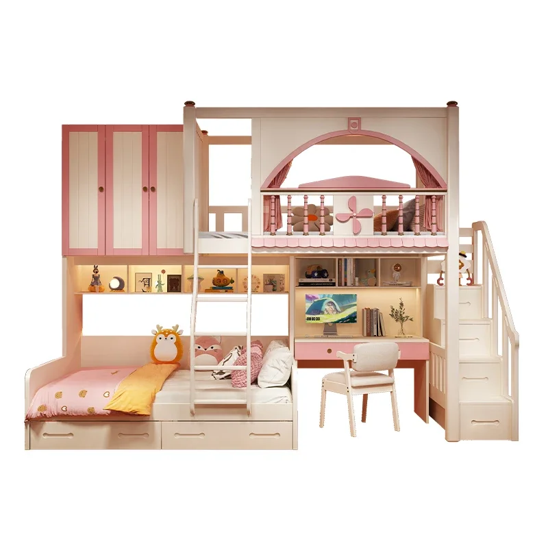 

Full solid wood bed staggered small apartment double bunk high and low child and mother dislocation girl princess