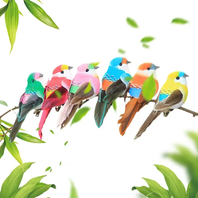 Foam Feather Birds 6pcs Garden Decorative Birds Crafts Set Green Plant Bundle Simulation Colorful Birds For Home Ornament