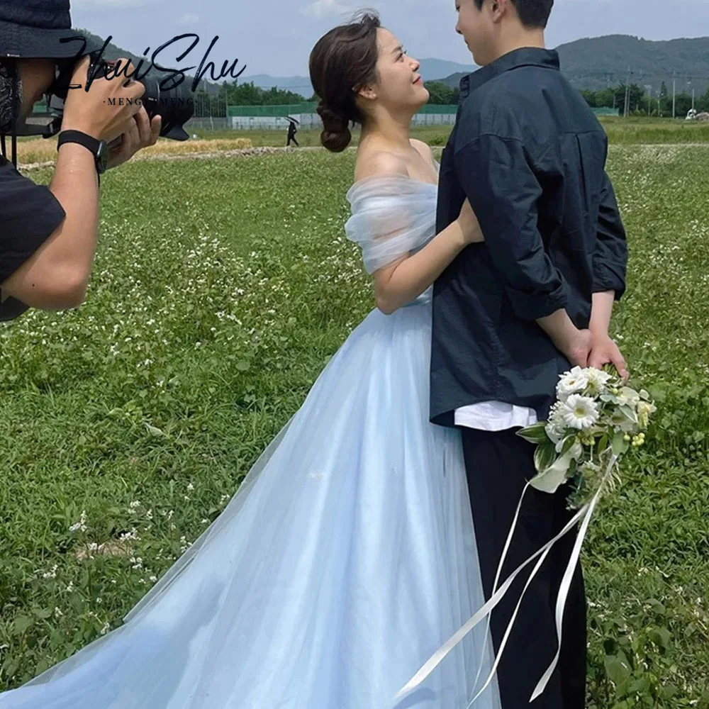 Elegant Sky Blue Tulle Evening Dresses Korea Lady Wedding Photoshoot Off Shoulder Floor Length Prom Dress Garden Customized