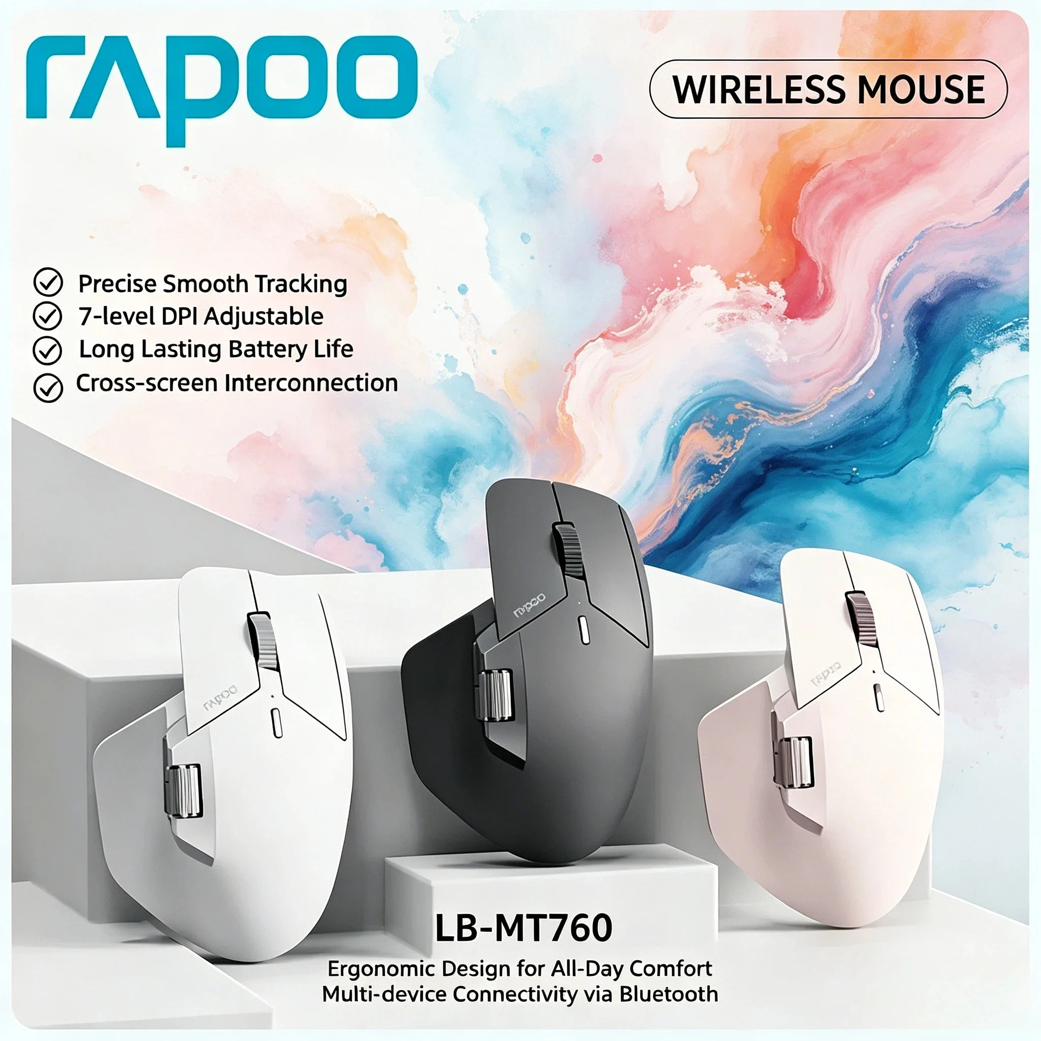 Rapoo Wireless Mouse MT760 MT760Mini Multi-mode Rechargeable Bluetooth Ergonomic 4000 DPI Support Up to 4 Devices Work Fast