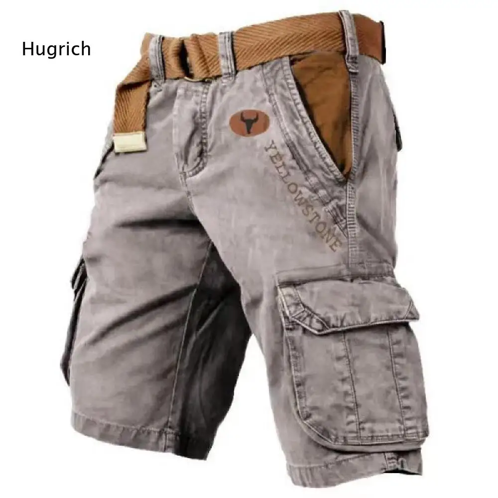 Men Daily Camping Casual Bottoms Vintage Washed Cargo Style Large Side Pockets Contrast Details Woven Knee Length Shorts