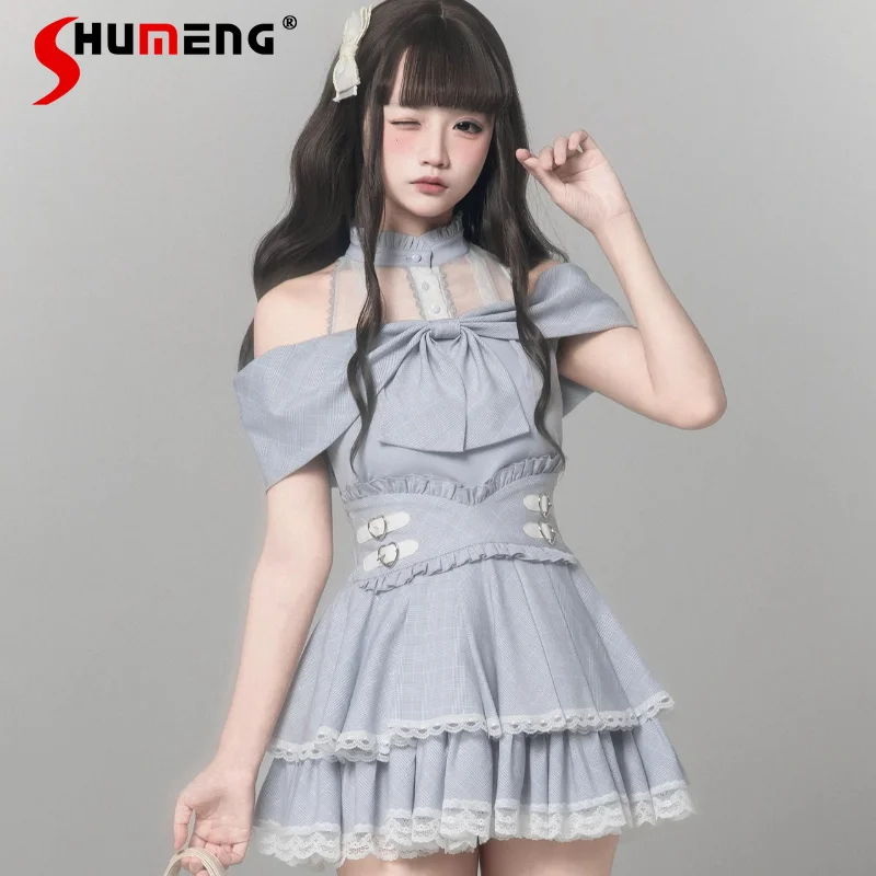 

Original Japanese Aqua Plaid Blouse Top High Waist Skirt Two Piece Set Sweet Girls 2026 Summer Casual Women's Outfit Y2k Clothes
