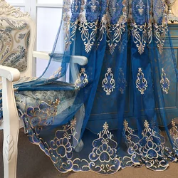 Luksusowe haftowane zasłony do sypialni Royal Blue Gold Jacquard Floral Tulle for Farmhouse Gazebo Window Drapes