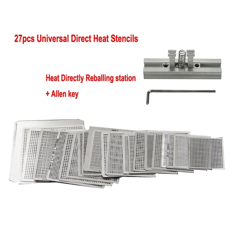 27pcs Universal Stencils with Reballing Holder Template Holder Direct Heating BGA Stencil Heated Fixture Reball Jig for BGA Kit