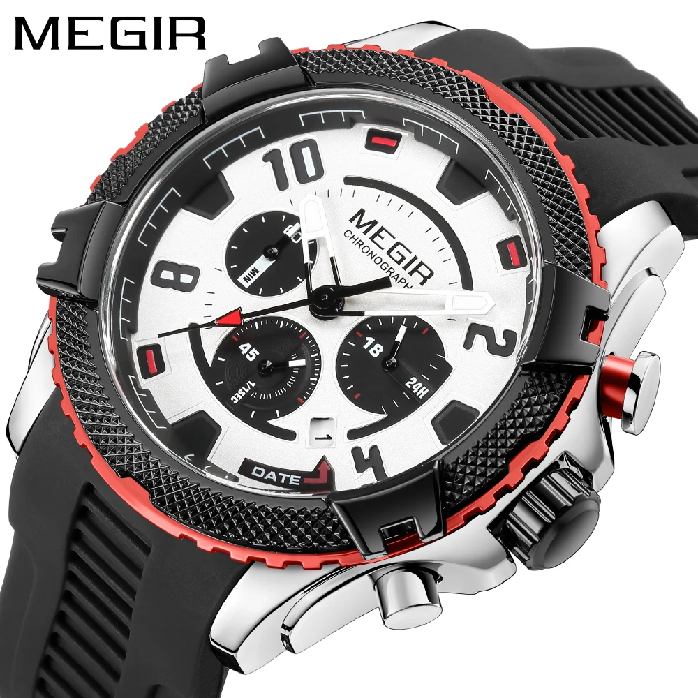 Fashion Megir Top Brand Men Casual Silicone Chronograph Quartz Waterproof Multi-function With Auto Date Luminous Hands Watches