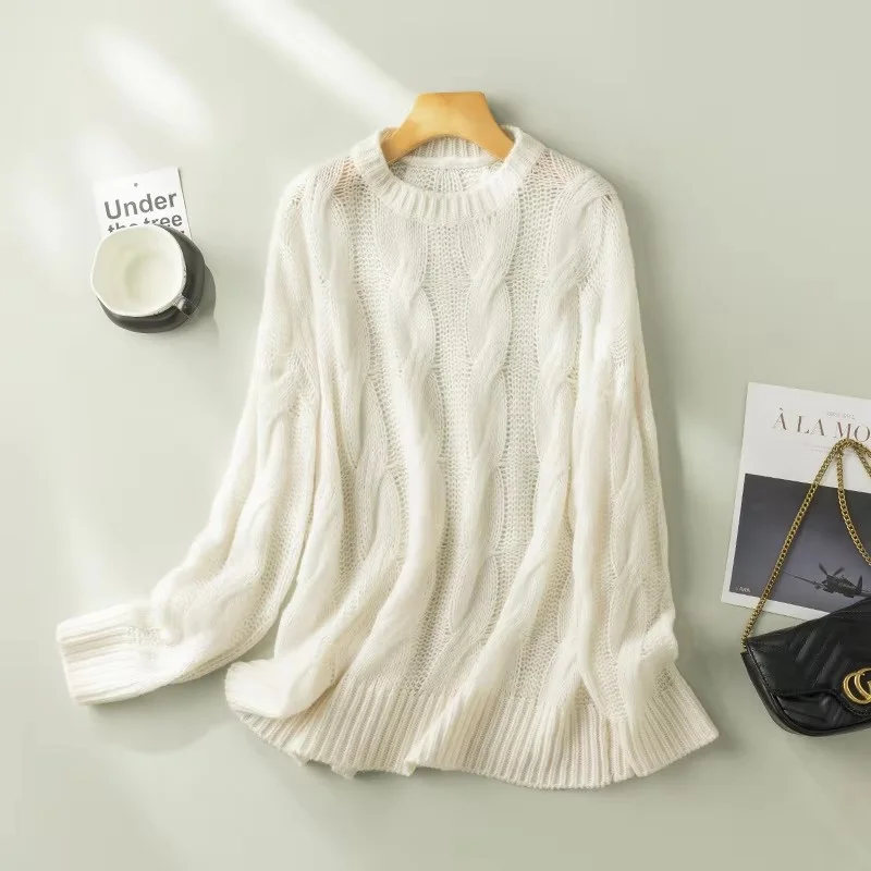 

Loose Knit Cable Sweater Wool Crew Neck Jumper Winter Warm Pullover