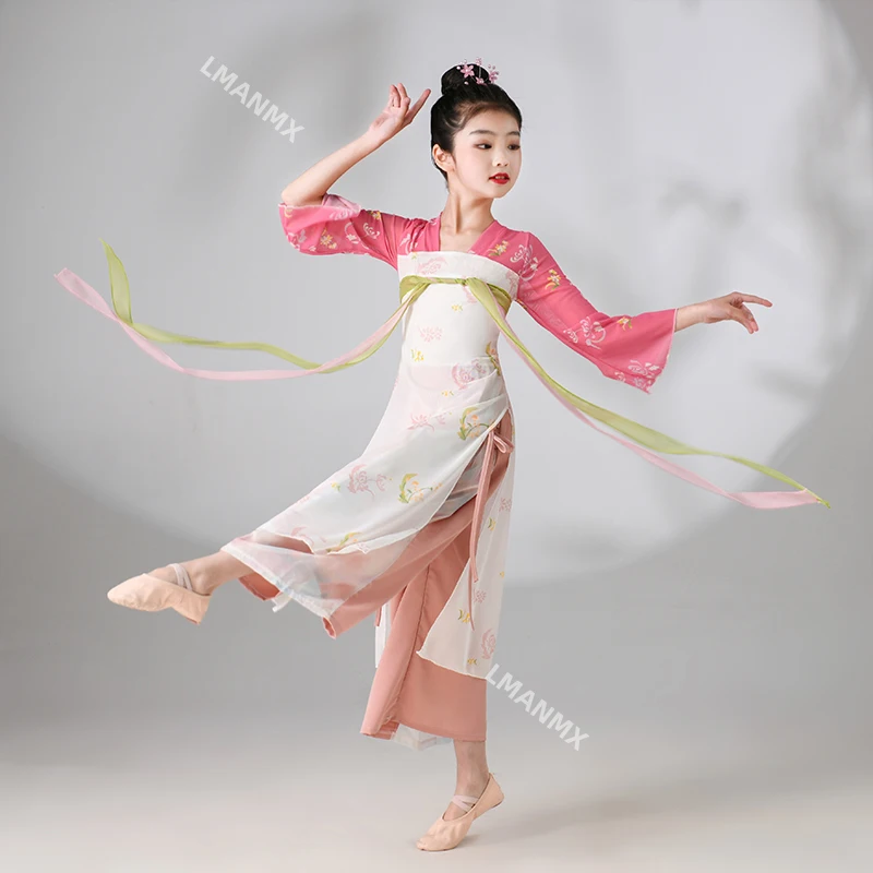 Classical dance costume, elegant Hanfu, chest length ripped skirt for girls, long and graceful chiffon dress