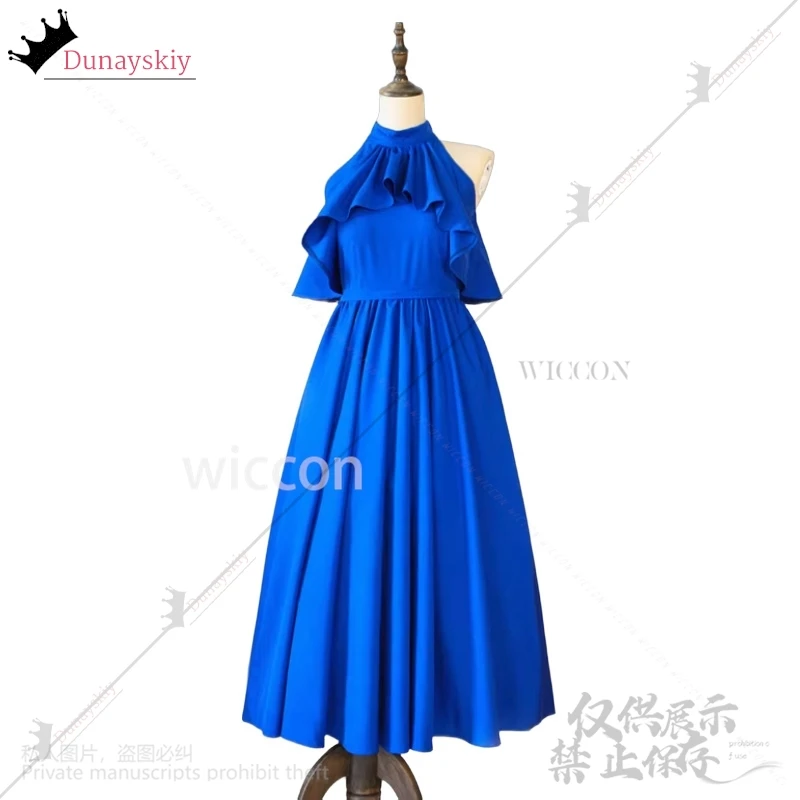 애니메이션 탐정 코스프레 Rachel Ran Moore Mouri 30 번째 의상 네이비 블루 라인 홀터 드레스 민소매 로리타 이브닝 드레스 가발