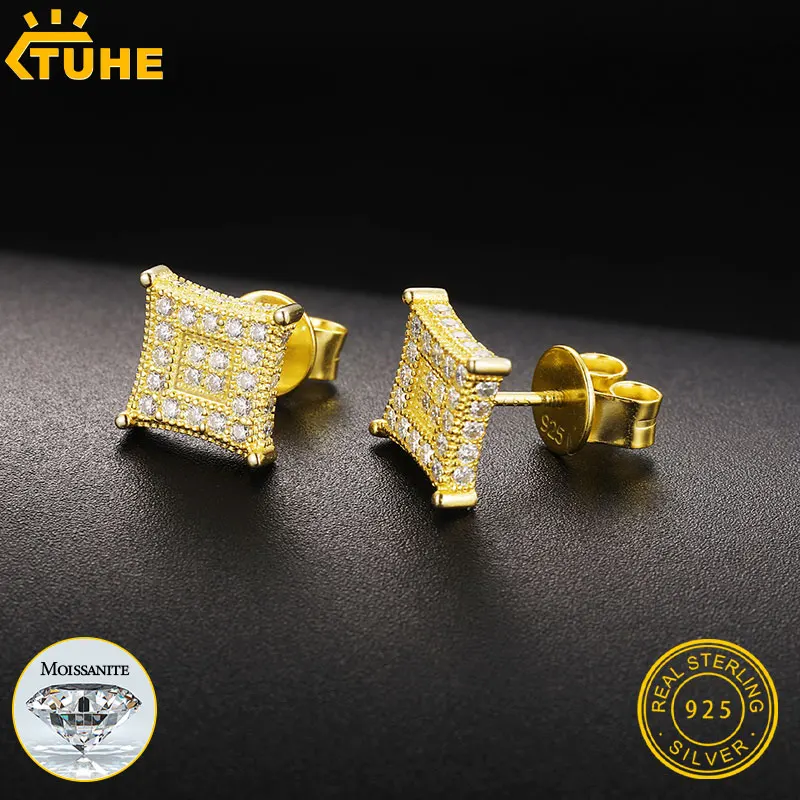 

TUHE Unisex Test Passed Square Ice out Moissanite Earring Classic Silver 925 Fashion Earrings Engagement Gift