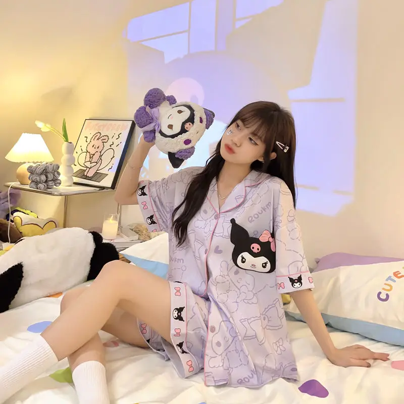 Fashion Sanrio Kuromi Cartoon Summer Ice Silk Pajamas 2023 Summer Student Sweet Thin Homewear Two Piece Set Anime Birthday Gifts