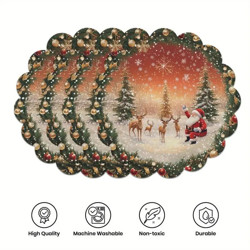 VIKAMA Retro Bow Christmas Lace Meal Mat Holiday Round Insulated Table Mat Wear resistant Plate Mat Home Table Decor Meal Mat