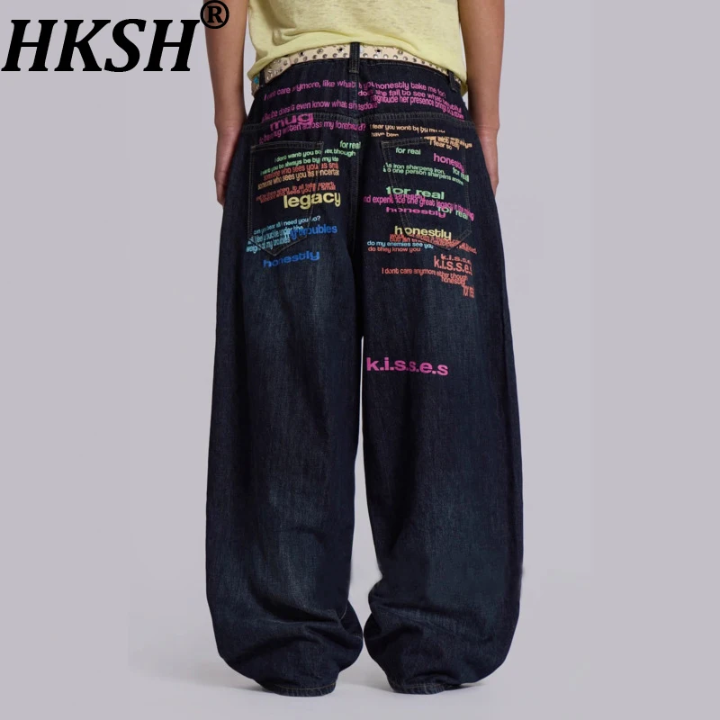 Hksh primavera outono novo homem na moda vintage carta impressão jeans chique hip-hop angustiado em linha reta perna larga y2k calças hk14122