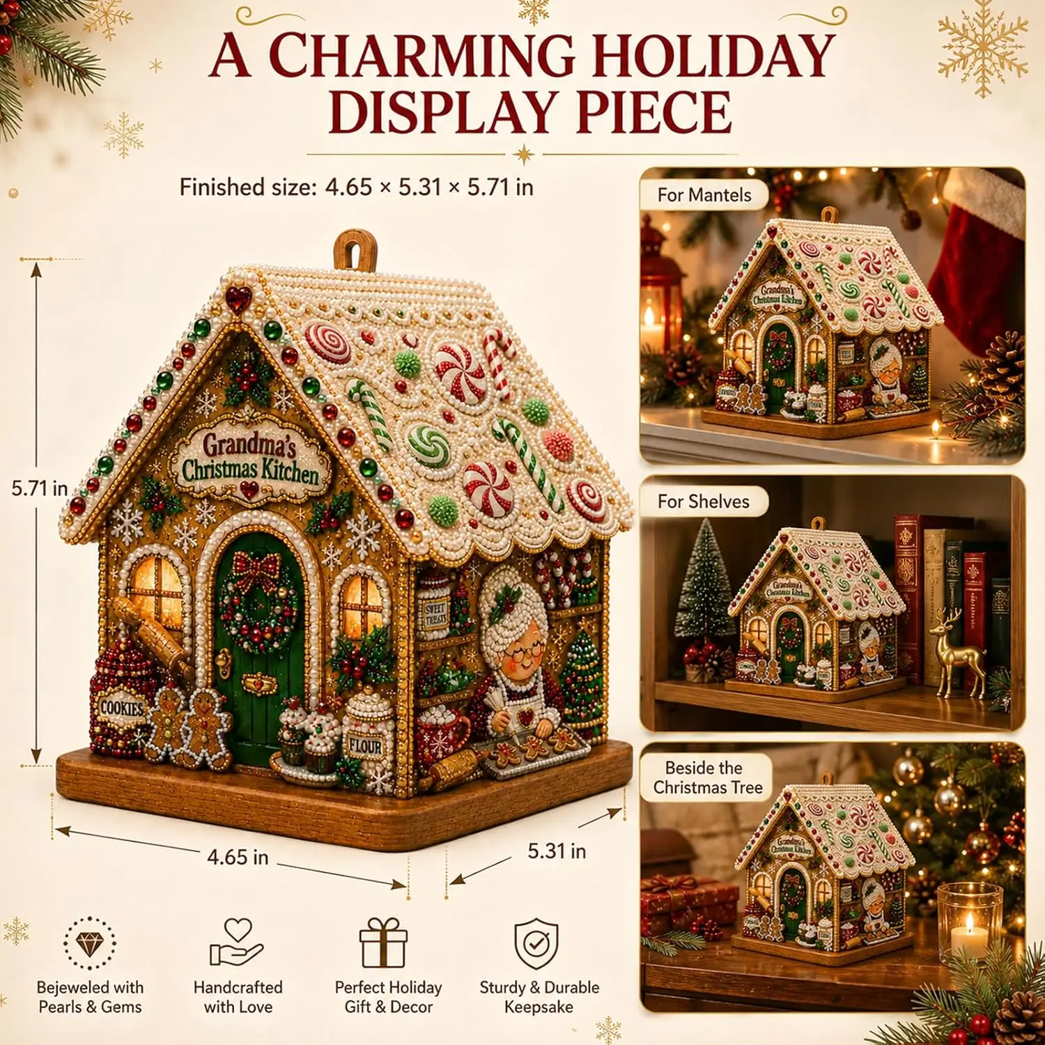 3D Christmas House Pearl Diamond Painting Kit for Adults, Wooden Holiday Cottage DIY Craft Set, Festive Tabletop Home Decor, Handmade Winter Decoration Gift