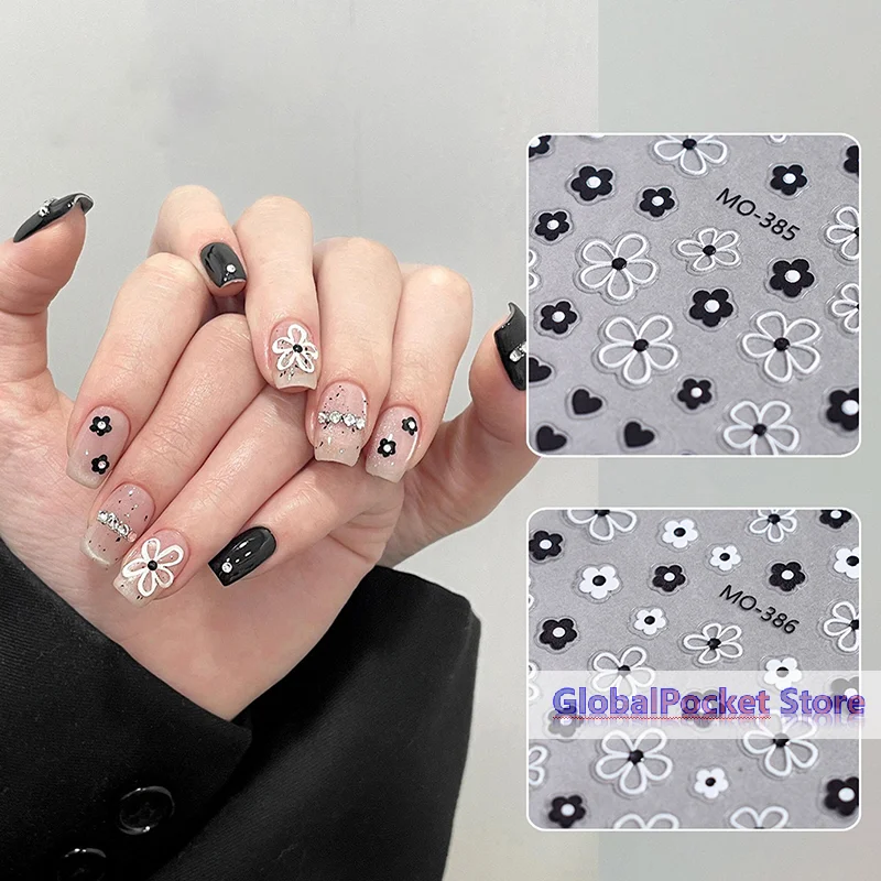 Pegatinas 3D para Uñas Blossom, Pétalos de Flores Blancas y Negras, Calcomanías para Arte de Uñas, Diseño Elegante para Bodas, Decoración Deslizante para Manicura con Flores de Primavera