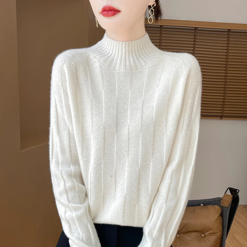 DjzDsm Autumn/Winter New 100% Pure Wool Women's Half High Neck Thickened Warm Solid Color Knitted Sweater Long Sleeve Top