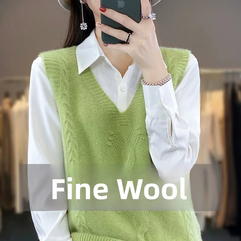 

Свободный вязаный шерстяной свитер, жилет для женщин, весна-осень, V-Ne Svel Twist, цветочный дизайн, открытая передняя часть, без пуговиц, сладкий сле