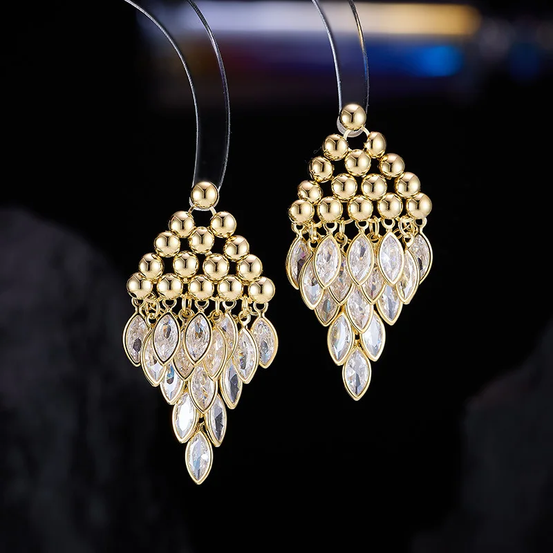 

Luxury Long Geometric Drop Tassel Zircon Earrings for Dinner Party Elegant Jewelry Accessory LYX796