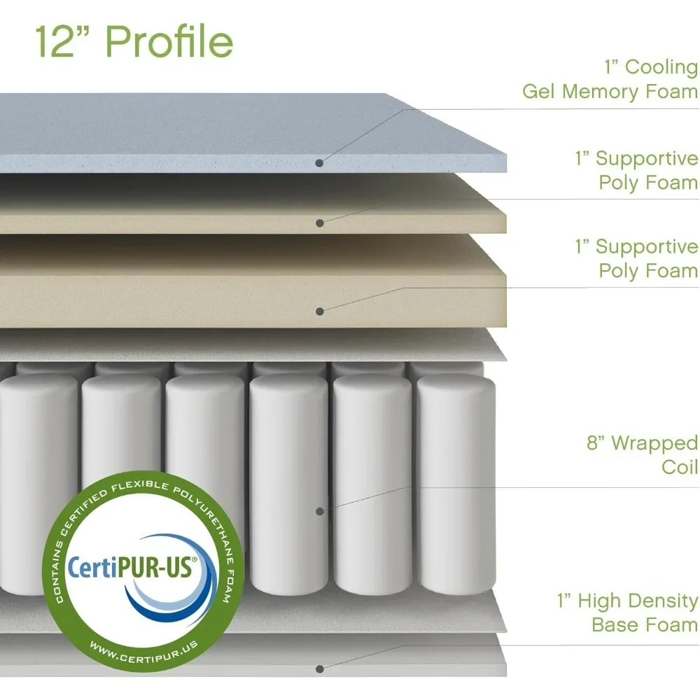 Colchão King Size, cama em uma caixa, colchões com almofada, espuma viscoelástica de 12 polegadas e colchão híbrido de mola interna