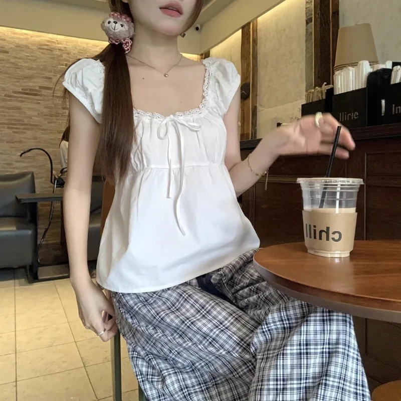 White Sweet Puff Sleeve Tie-Up Blouse Summer Design French Doll Loose Slimming Age-Defying Korean Top