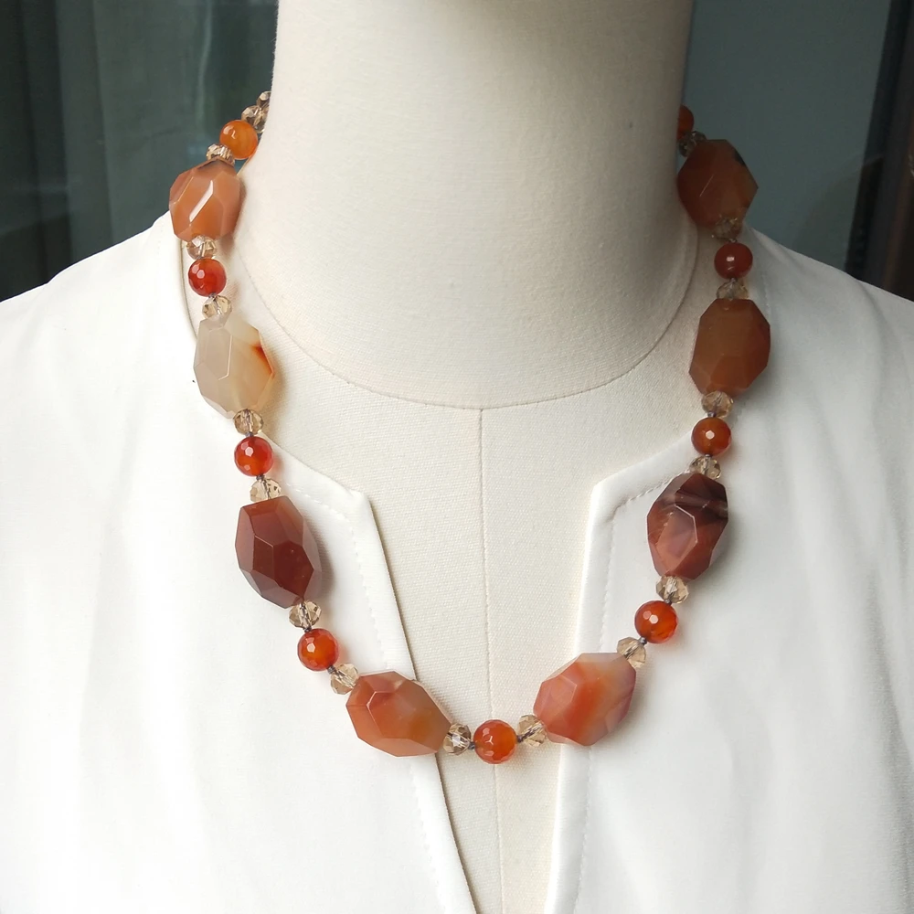 Lii Ji Real Stone Necklace Orange Brown Color Agate Crystal 52cm Women Necklace Jewelry Gift