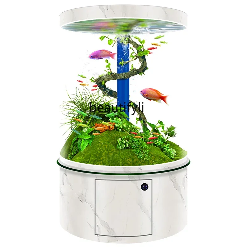 

cylindrical glass fish tank living room household floor gold fish tank bottom filter aquarium full circle medium and large